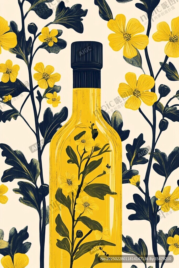 油画风格的植物与瓶子插图