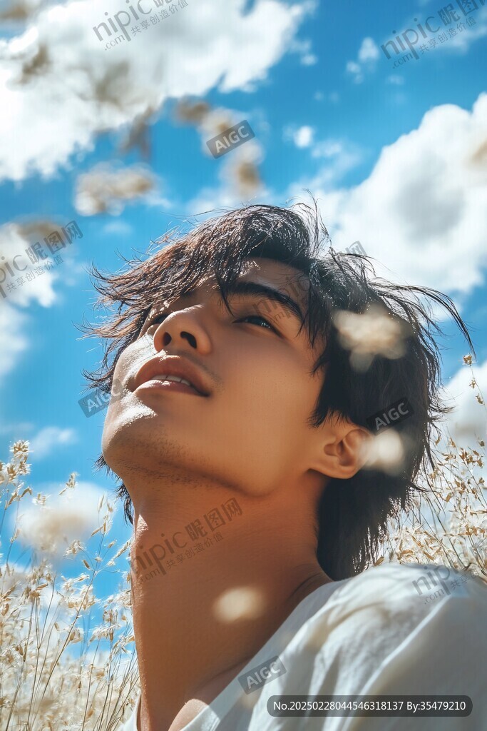 蓝天下的年轻男子