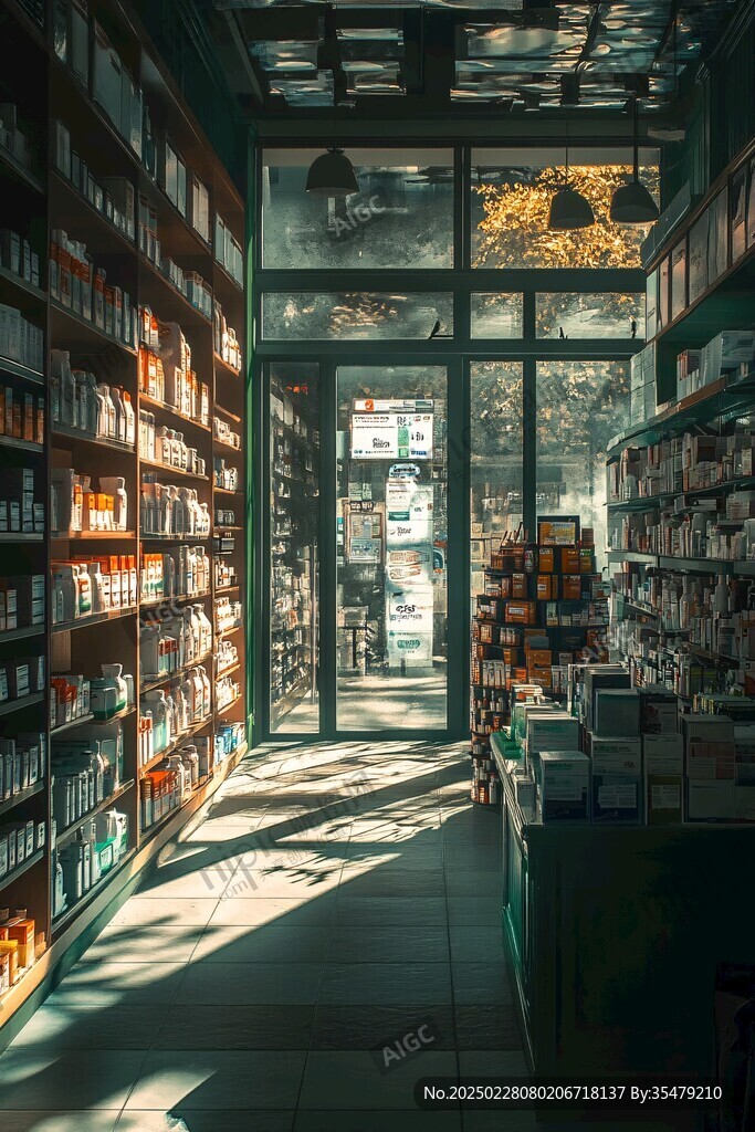 阳光下的药店内景