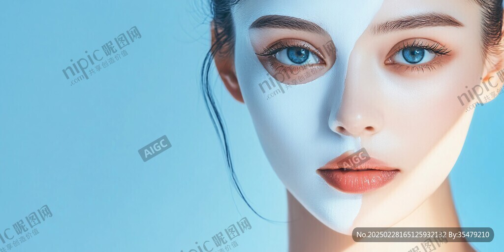 美丽女孩 蓝色背景 脸部特写 化妆品 口红 眼影 眉毛 皮肤护理 面膜 美容院 时尚 化妆 清新 自