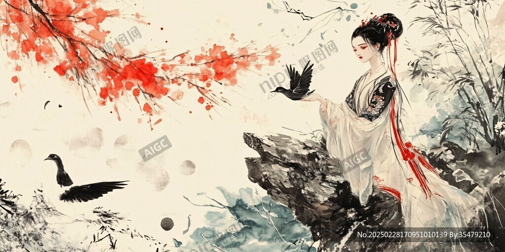 红衣女子与鸟儿在山水画中的世界