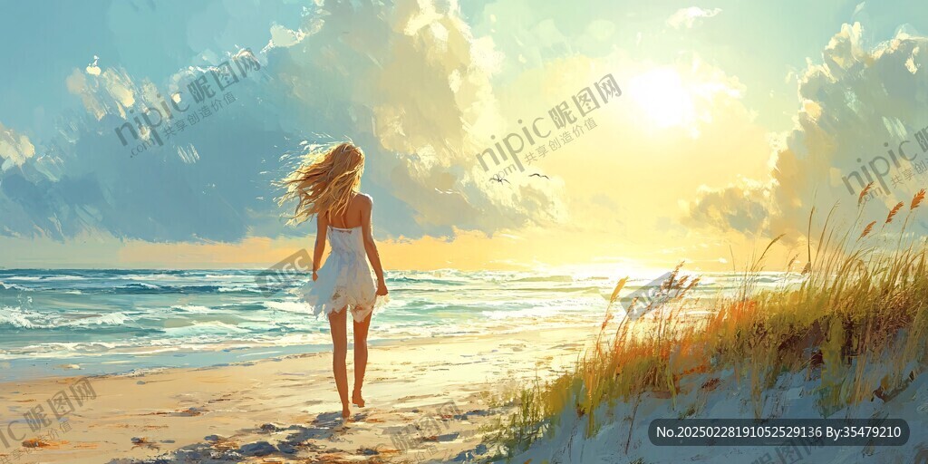 海边漫步的女孩