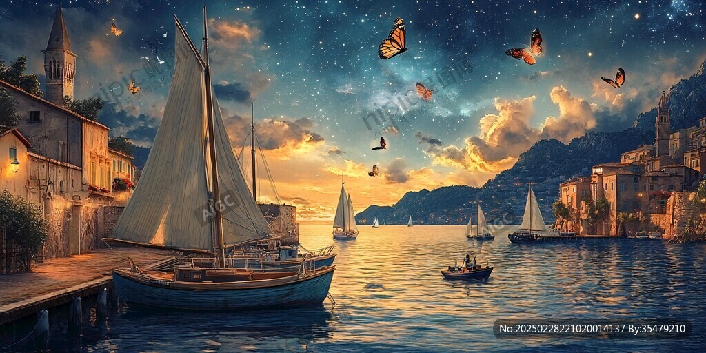 夕阳下的港湾蝴蝶飞舞
