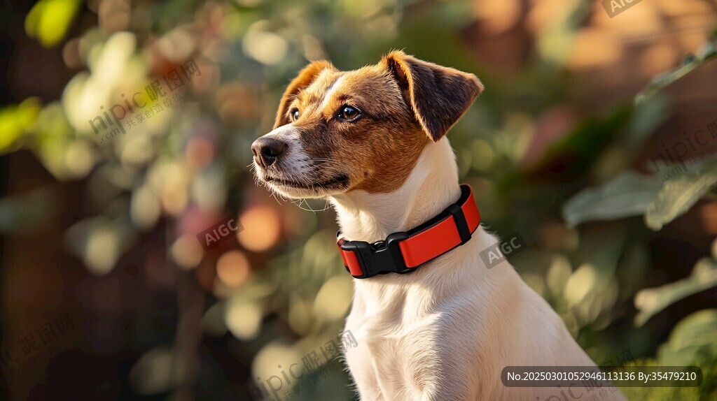专注的狗狗 佩戴红色项圈 背景是绿色植物
