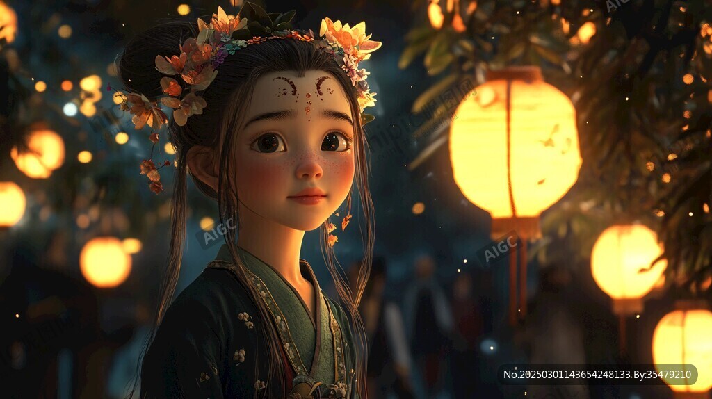 夜幕下的花灯少女