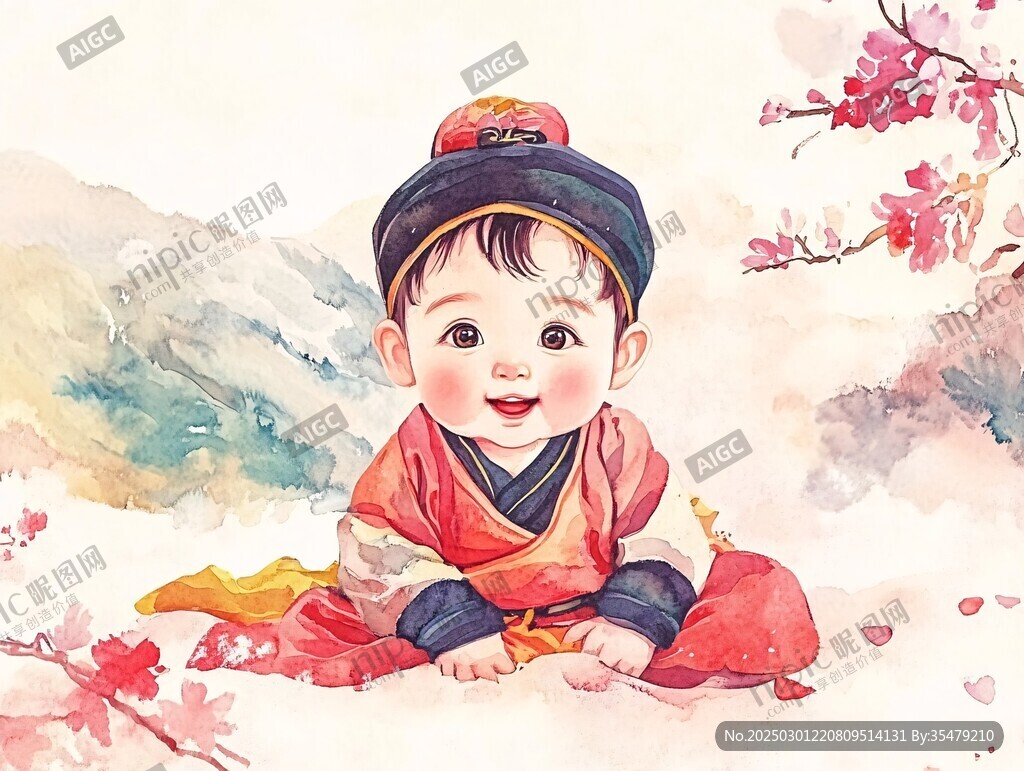 水彩画中的婴儿与花朵