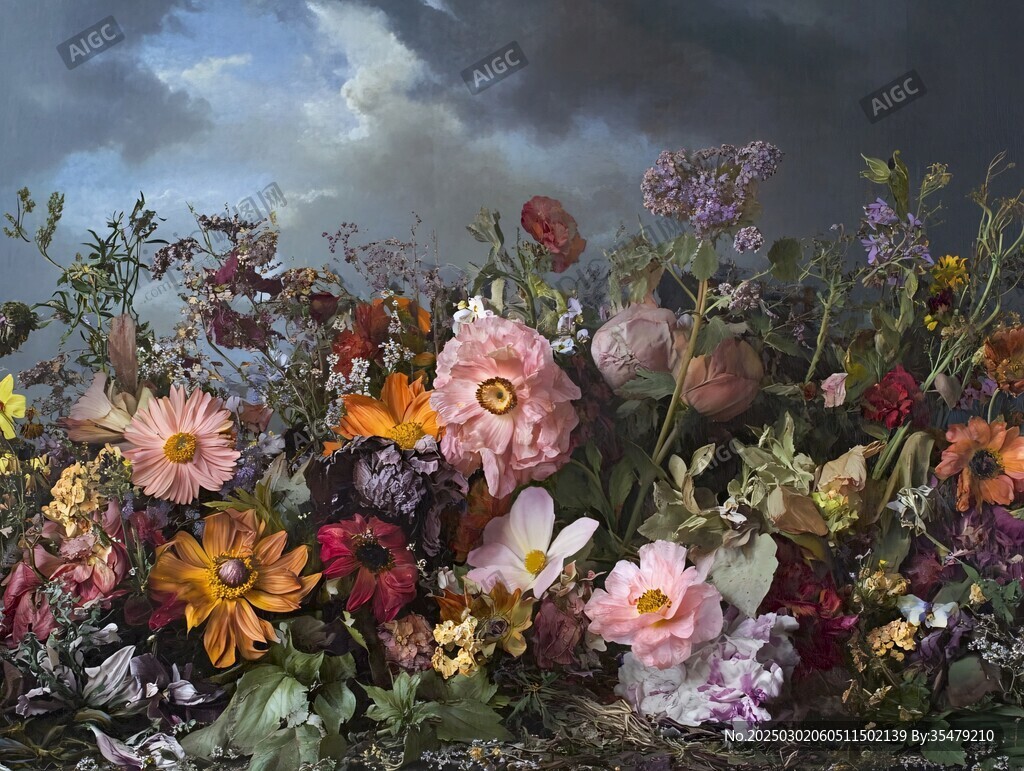 花卉与天空的静物画