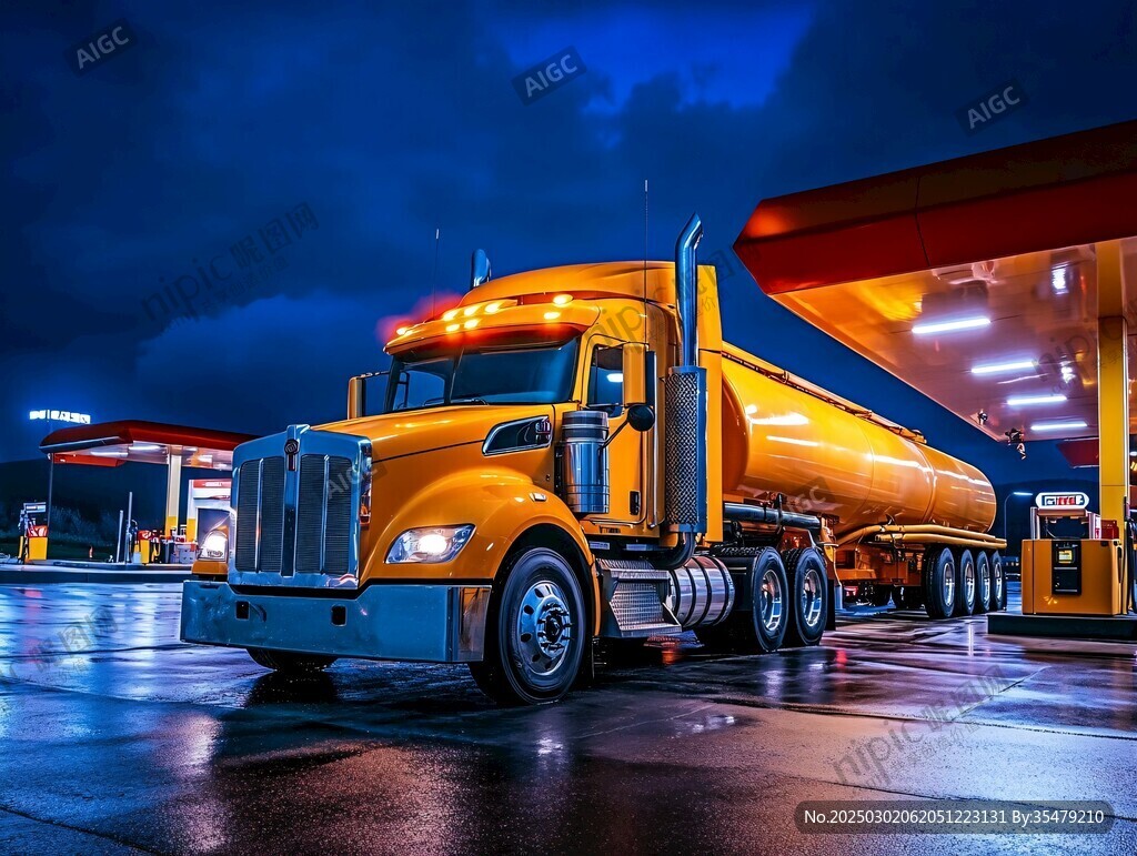 夜幕下的加油站与油罐车
