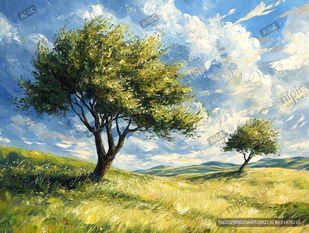 蓝天下的绿树风景画