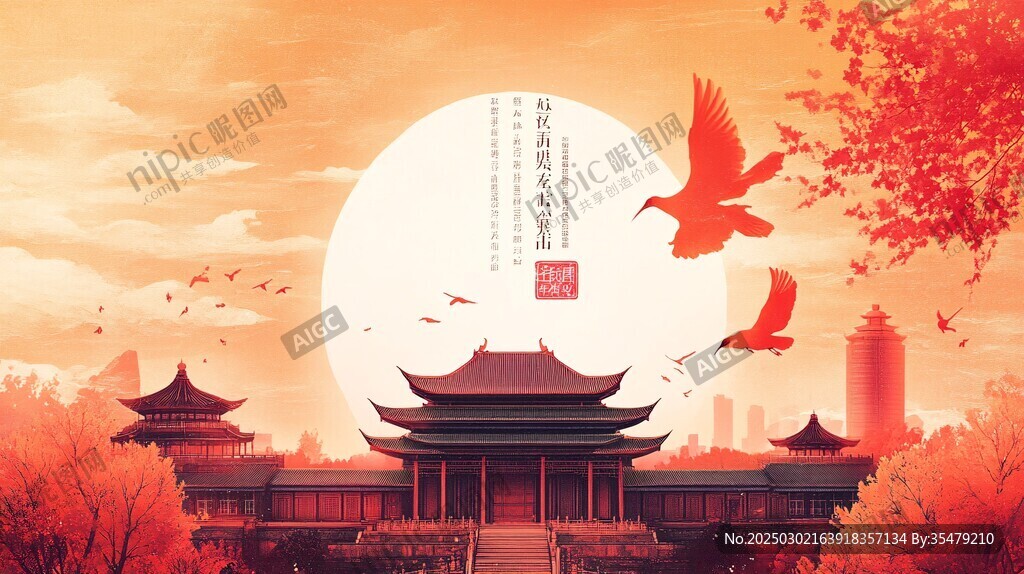 秋日韵华 古风建筑 红色背景 飞翔的鸟儿 圆形图案 中国风格 红叶 古典建筑 城市天际线 鸟类 自然