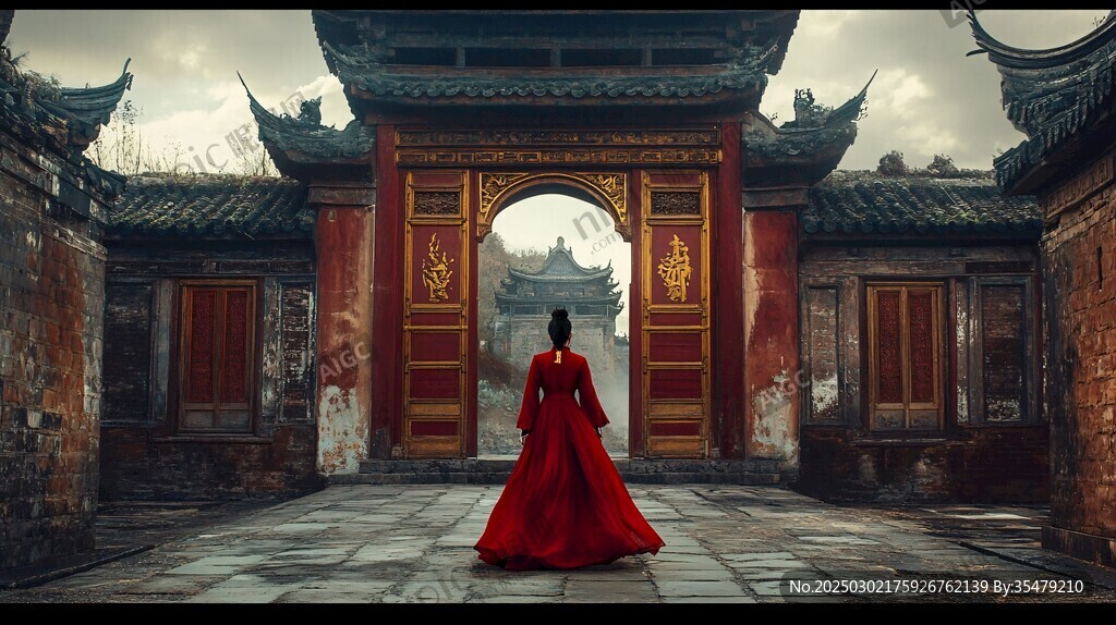 红衣女子 古代建筑 中国风