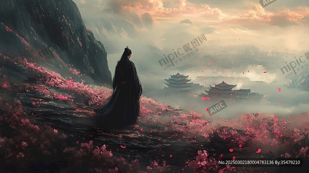 山巅桃花 古风建筑 仙人 云雾缭绕 红色花瓣 中国风景 数字艺术 奇幻场景 传统服饰 东方美学