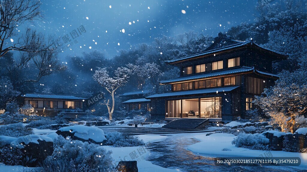 雪夜里的传统日本房屋