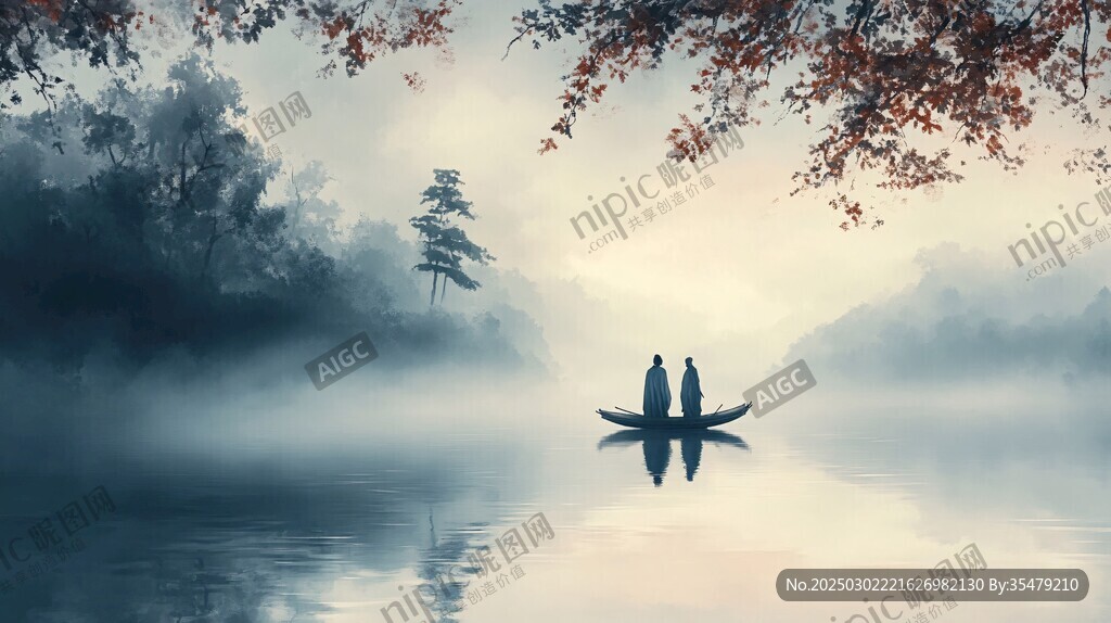 秋雾中的小船之旅