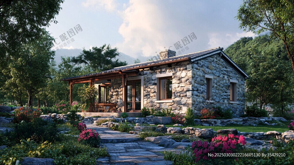 石头小屋 周围环绕着郁郁葱葱的绿色植物和鲜花