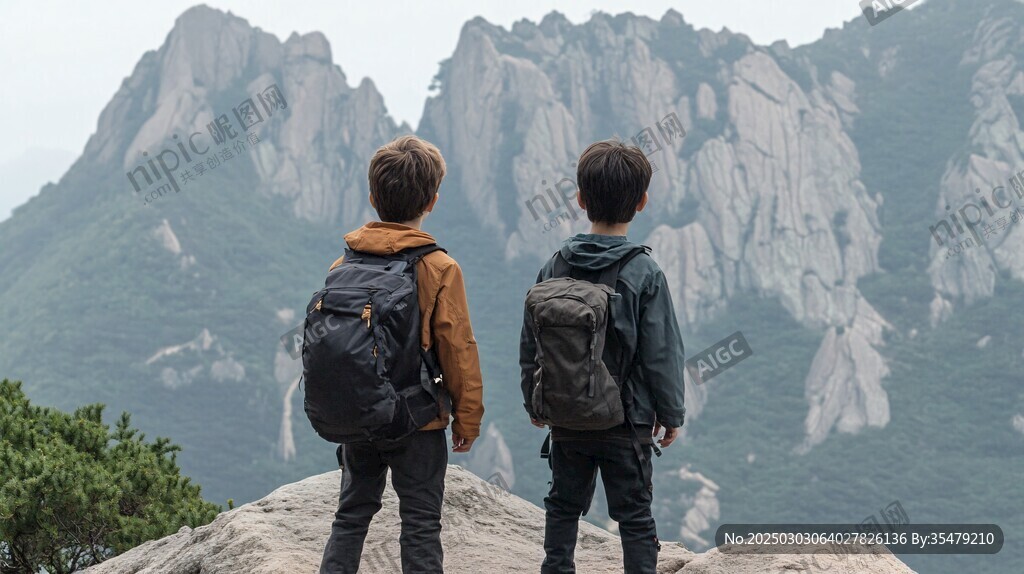 两个小男孩站在山顶 俯瞰山脉