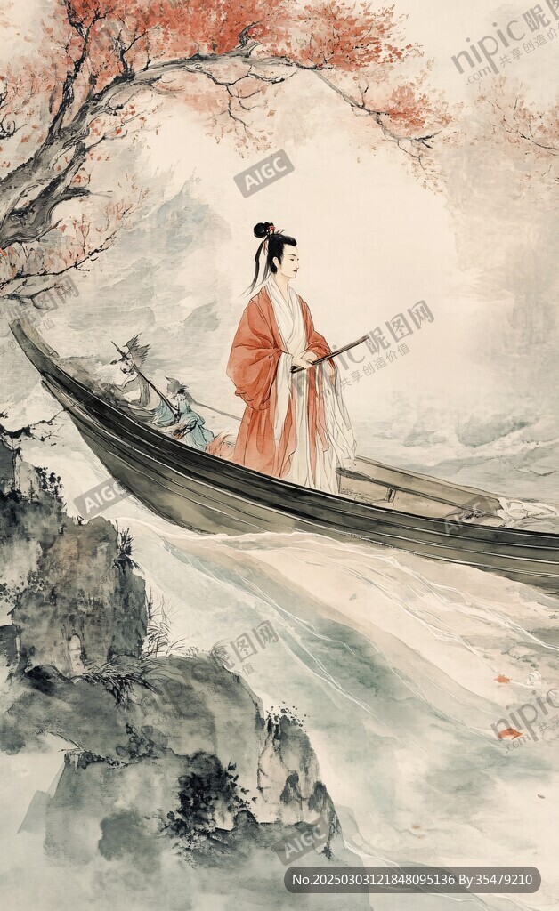 红衣女子船上钓鱼