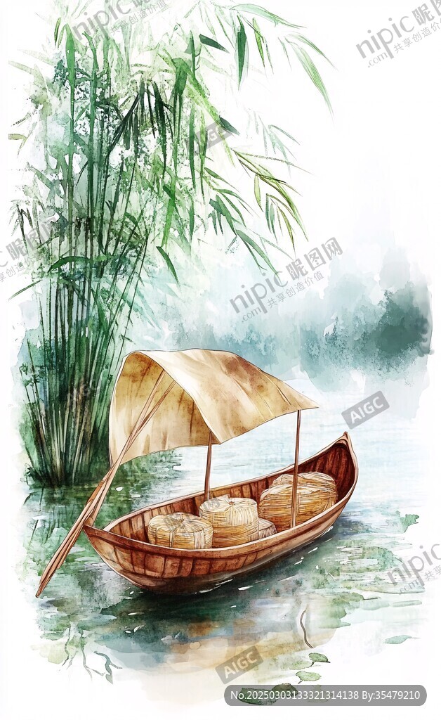 绿色竹林小船风景画