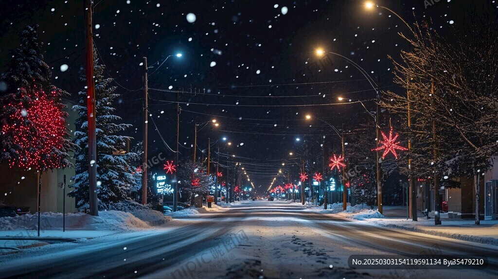 雪夜街道 红色圣诞灯饰 飘雪 路灯 黑暗 节日气氛 冬季 城市街道 雪地 寒冷 夜晚