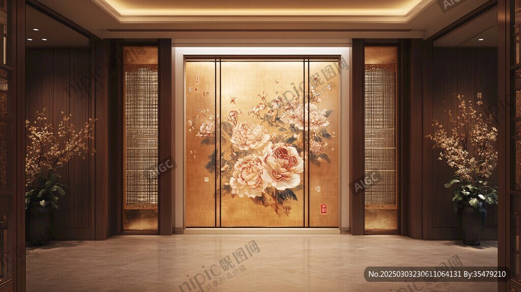 金色牡丹 木质走廊 东方艺术 中国风 奢华 宁静 自然 花卉 装饰 设计 美学