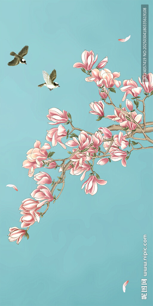 新中式玉兰工笔花鸟玄关装饰画
