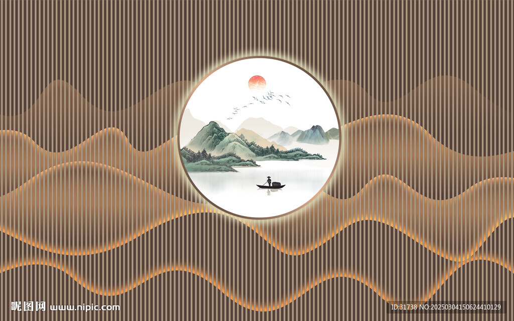 新中式格栅山水画幕墙背景墙