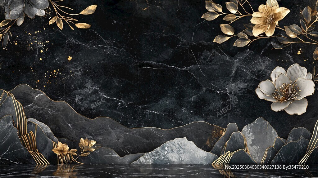 金色山水画中的奢华大理石风景