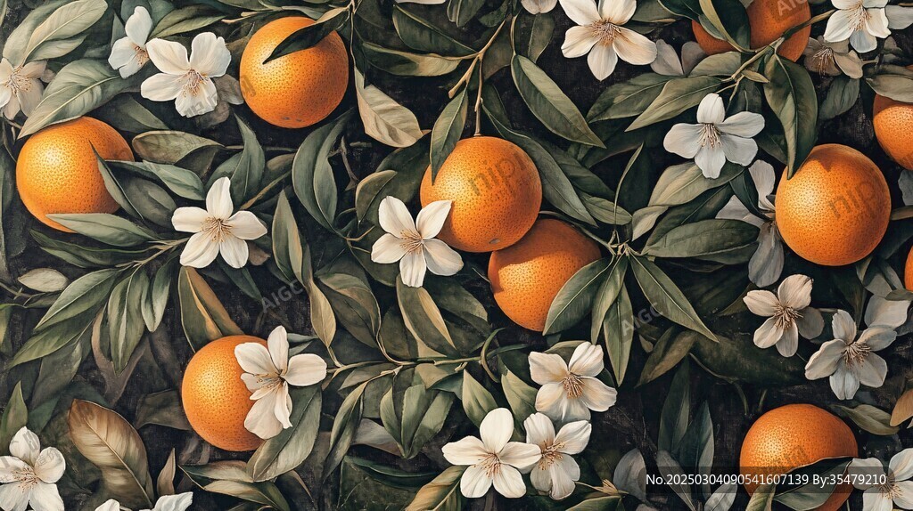 橙色花卉与橙子