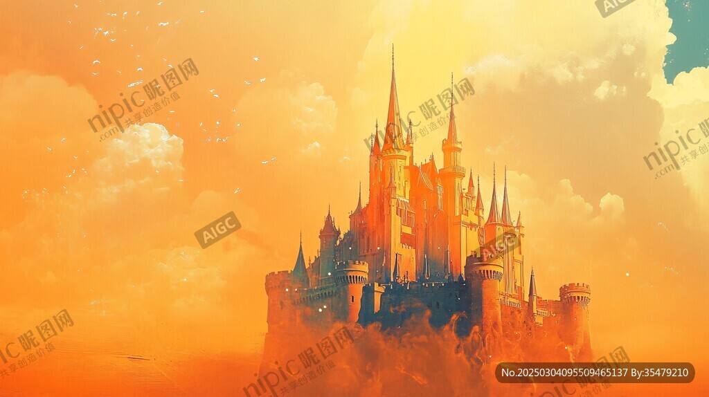 橙色天空中的梦幻城堡