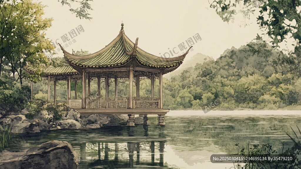 碧波荡漾 山水亭阁