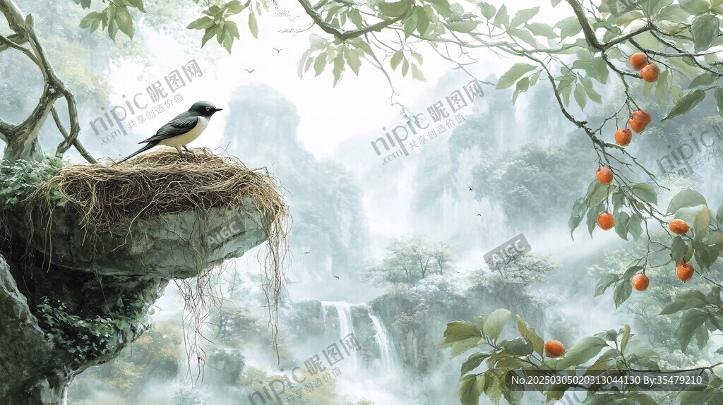 雾中山水画中的鸟巢与柿子树