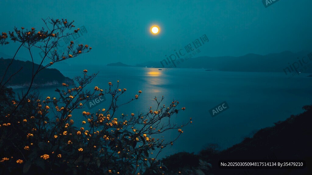 月下湖光山色 花卉映衬夜色