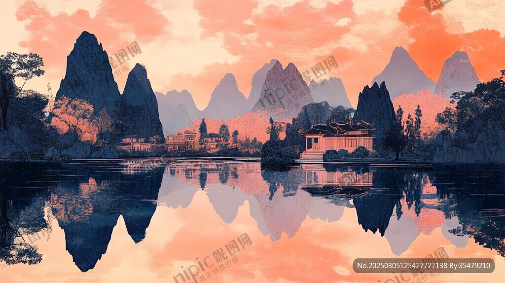 日落下的中国山水画