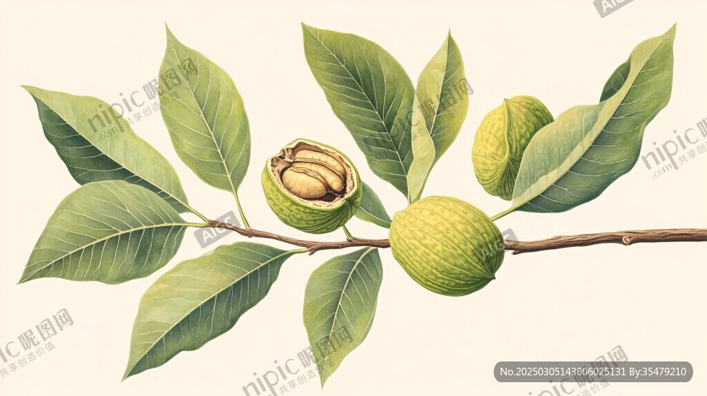 核桃枝与果实的植物插图