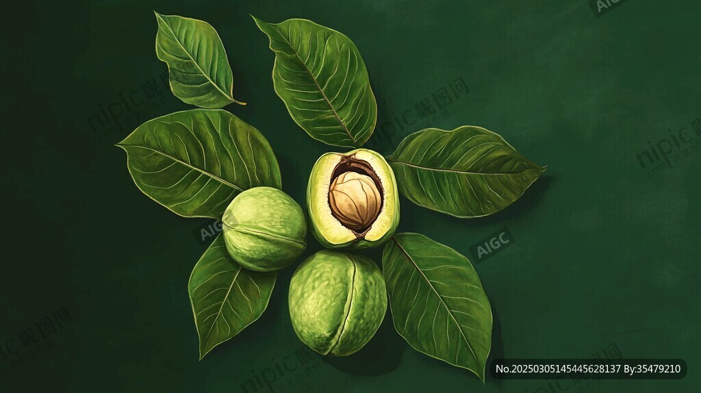 核桃与绿叶的静物画