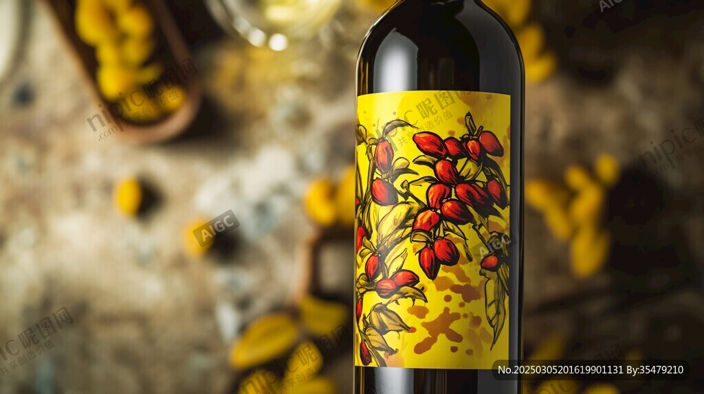 红色葡萄酒瓶与葡萄图案
