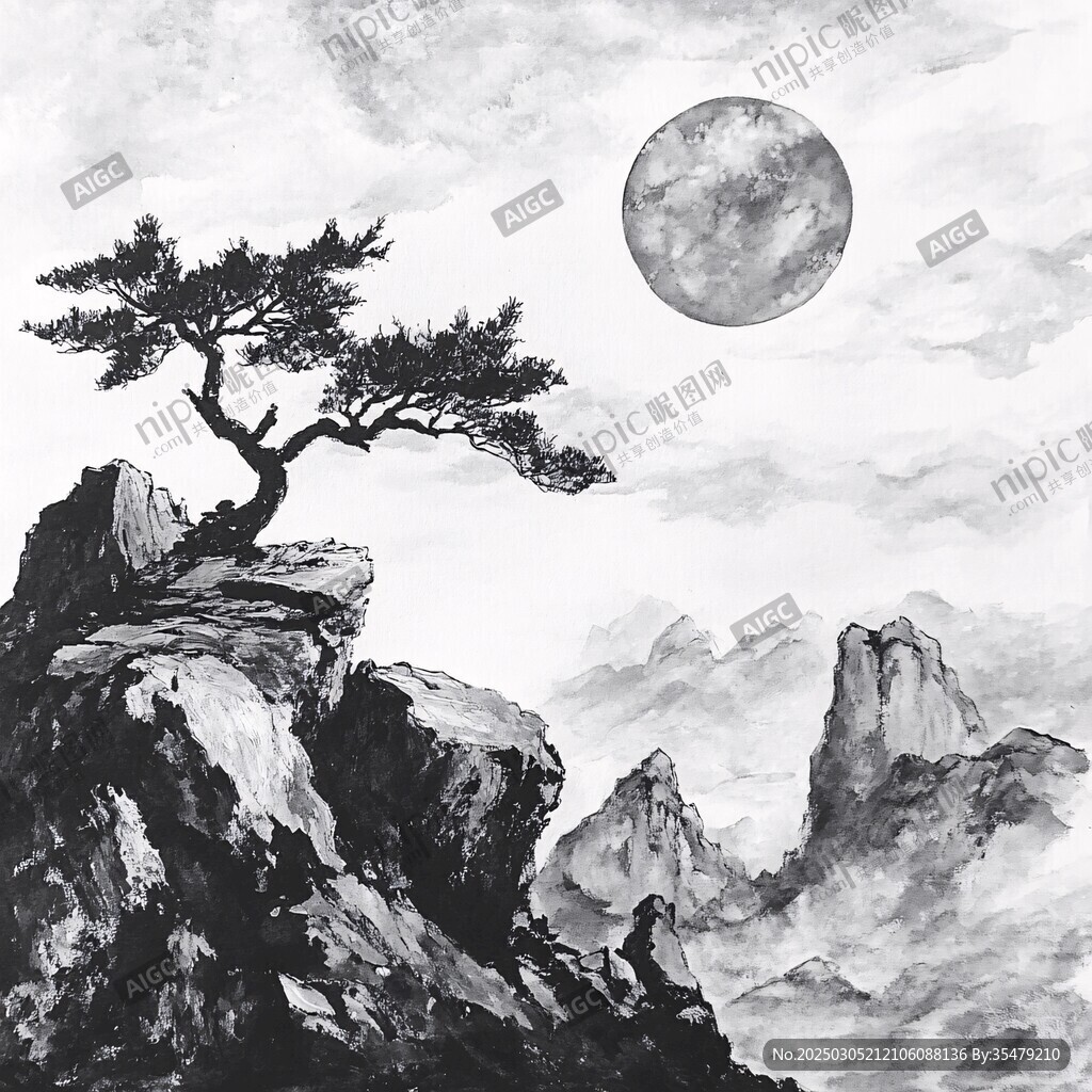 山水画中的孤独松树