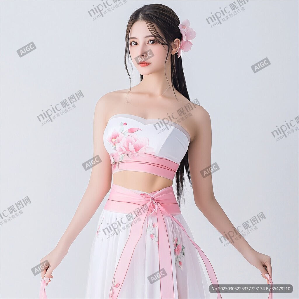古典美女 粉色花朵 白色抹胸 汉服 传统服饰 文化 美丽 女性 时尚 摄影 艺术