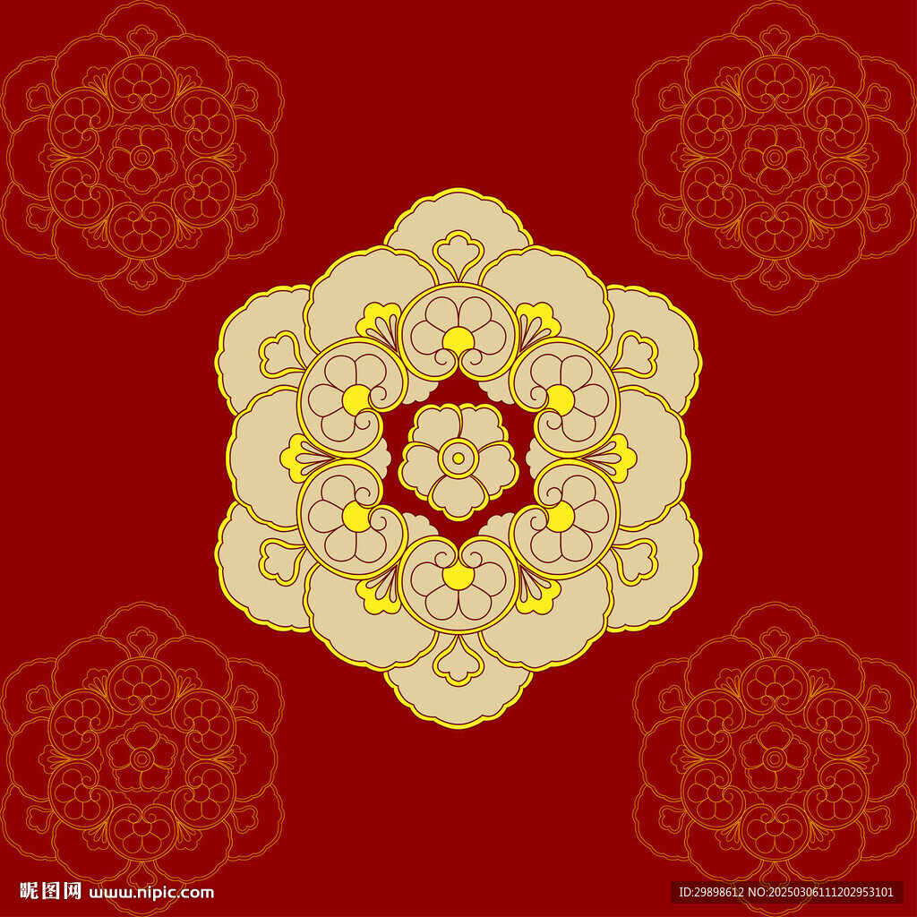 敦煌图案团花如意纹红色背景服饰