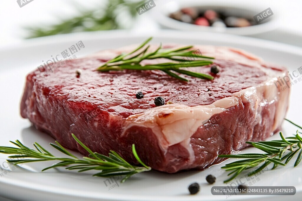 生牛排 迷迭香 胡椒 白色盘子 背景 模糊 食物 烹饪 美味 健康饮食 肉类 调味品 餐厅 厨房 烹