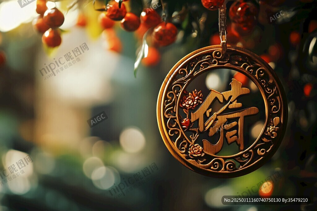 金色饰品 红色背景 阳光照耀下的中国传统艺术