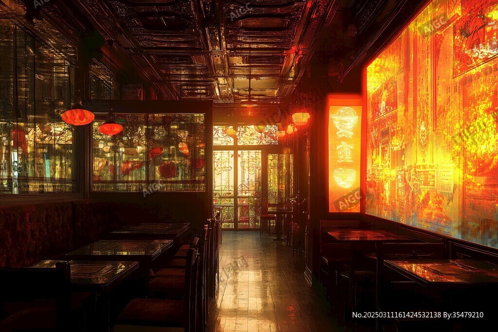 红光下的餐厅