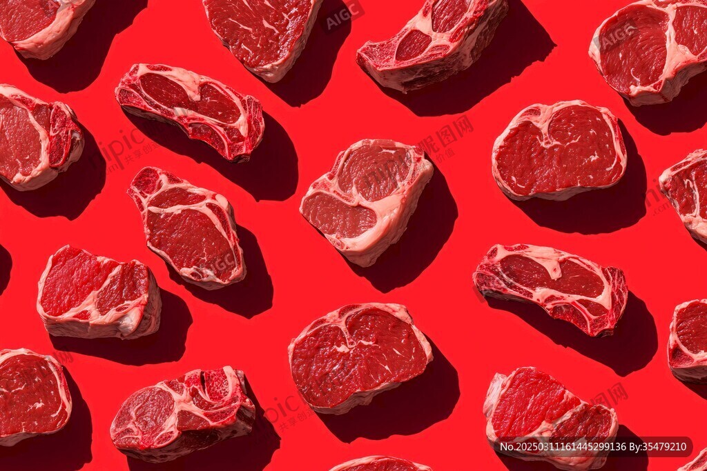 生牛肉切块在红色背景上