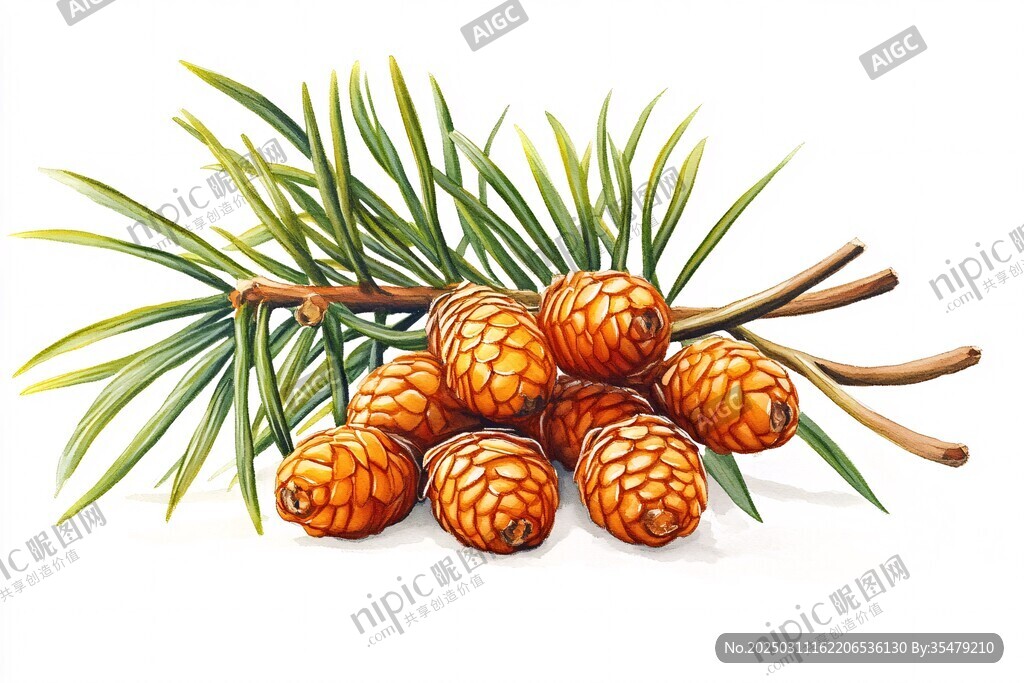 松果与枝叶的艺术描绘