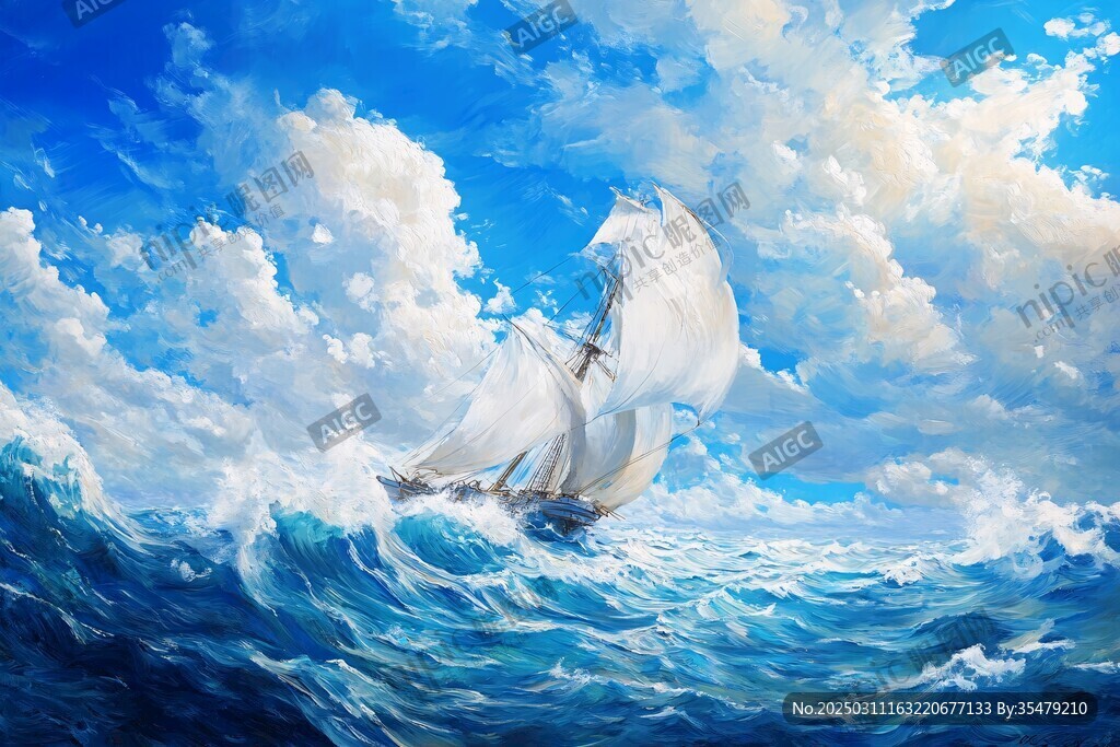 汹涌海浪中的帆船