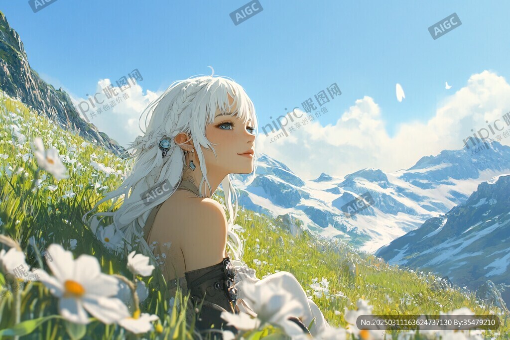 白发女郎与山花草地