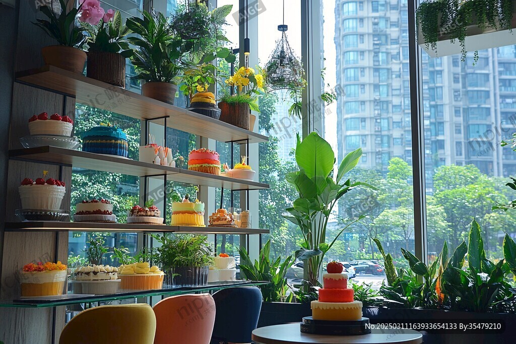 面包店内的蛋糕和植物展示
