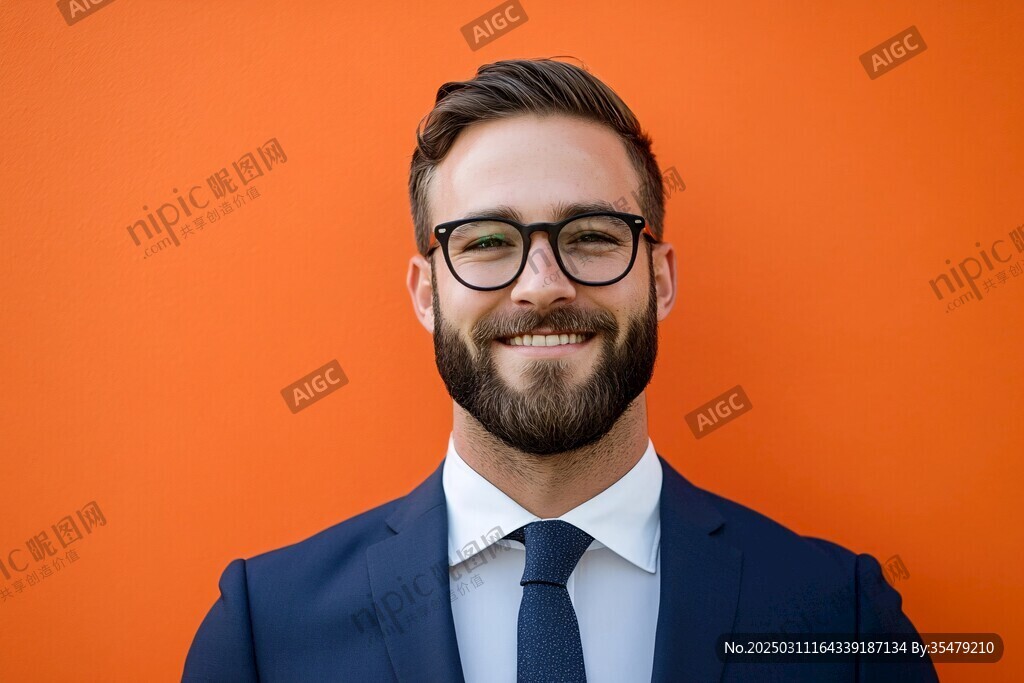 专业 自信 时尚 商务 形象 眼镜 胡须 发型 微笑 橙色背景