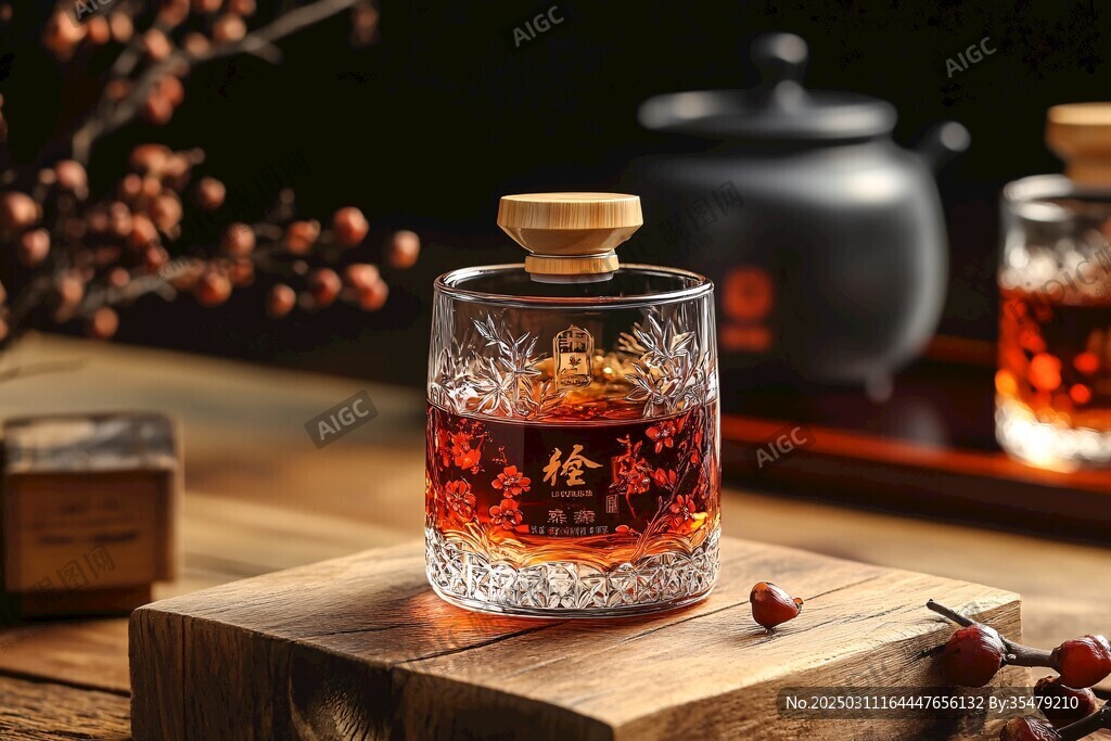 古朴典雅的酒杯 木塞封口 红酒或白酒 竹编杯垫 复古风格