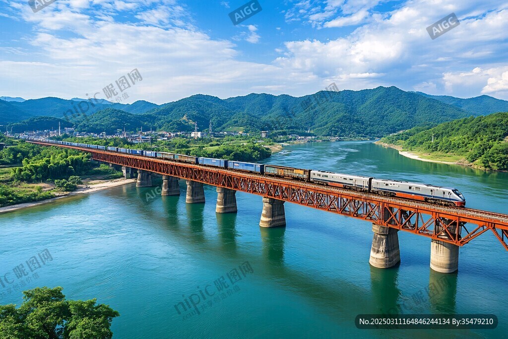 红色桥梁与火车 绿色山脉 蓝色河流